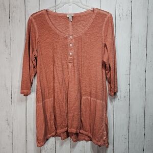 LOGO By Lori Goldstein Womens Coral ¾ Sleeve Cotton Henley Shirt Size 1X Pockets